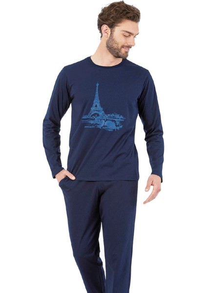 6064 Erkek Lacivert Uzun Kollu Yuvarlak Yakalı Pijama Takım