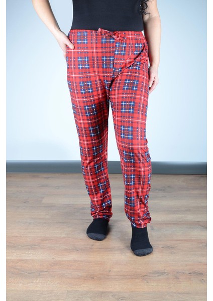 Kadın Süet Pijama Tek Alt | Kırmızı Lacivert