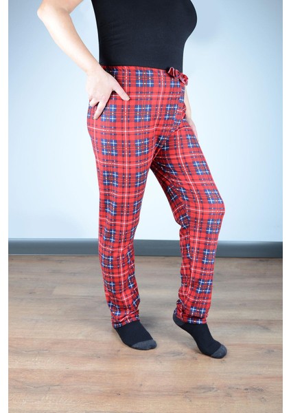 Kadın Süet Pijama Tek Alt | Kırmızı Lacivert