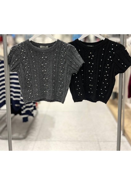 Taşlı Örme Kısa Kollu Triko Crop