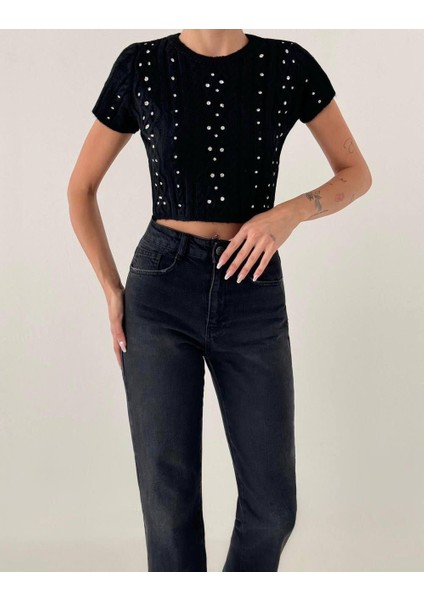 Taşlı Örme Kısa Kollu Triko Crop fiyatları