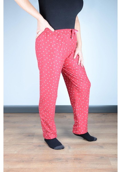 Kadın Süet Pijama Tek Alt | Kalpli Kırmızı