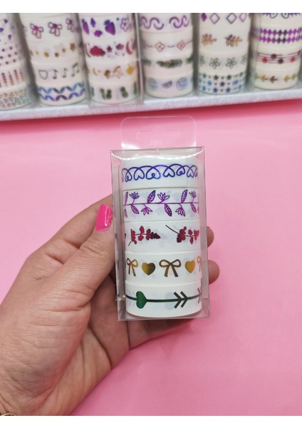 Renkli Yaldızlı Vintage Washi Tape Bant Yapışkanlı Maskeleme Kağıdı 5 Lı - Fiyonk