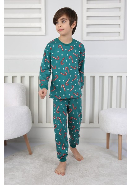 Yılbaşı Baskılı Pamuk Uzun Kollu Çocuk Pijama Takımı (3,4,5,6,7,8 Yaş)