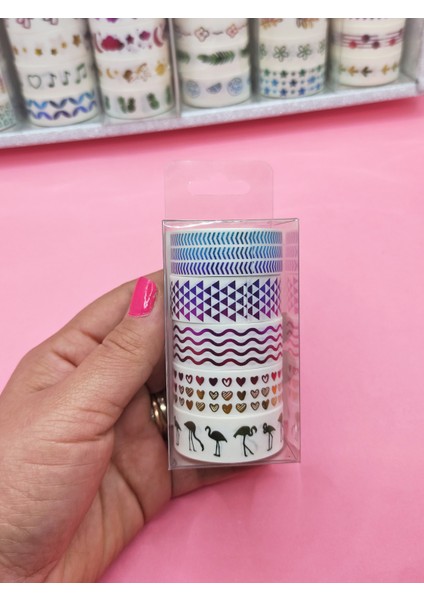 Renkli Yaldızlı Vintage Washi Tape Bant Yapışkanlı Maskeleme Kağıdı 5 Lı - Flamingo