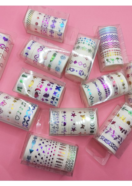 Renkli Yaldızlı Vintage Washi Tape Bant Yapışkanlı Maskeleme Kağıdı 5 Lı - Flamingo