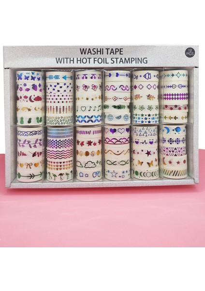 Renkli Yaldızlı Vintage Washi Tape Bant Yapışkanlı Maskeleme Kağıdı 5 Lı - Flamingo