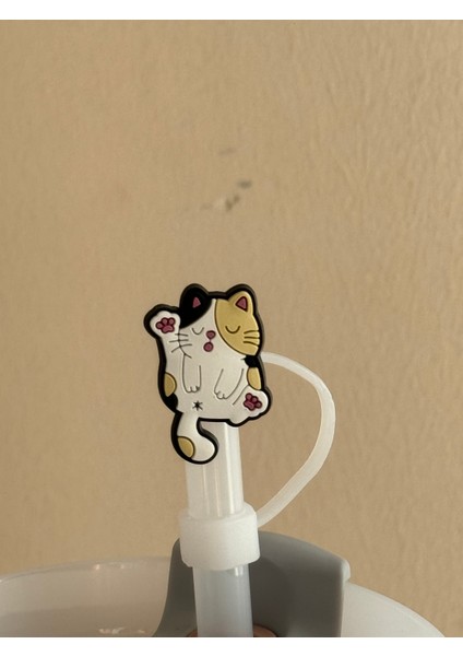 Sevimli Kedi Model Silikon Toz Geçirmez Sızdırmaz Pipet Kapağı 1 Adet Termos ile Uyumlu