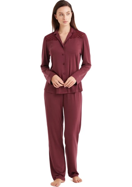 Uzun Kol V Yaka Önden Düğmeli Kadın Pijama Takım 51606