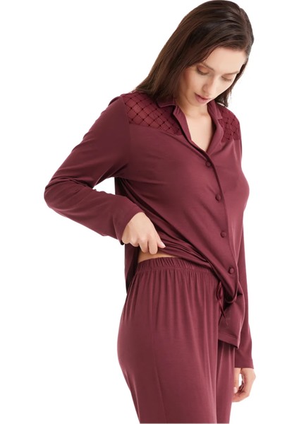 Uzun Kol V Yaka Önden Düğmeli Kadın Pijama Takım 51606 modelleri