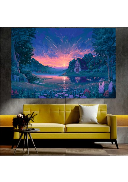 Köy Evi ve Doğa Manzaralı Sanatsal Dekoratif Duvar Tablosu