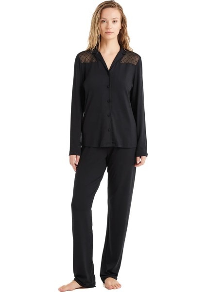 Uzun Kol V Yaka Önden Düğmeli Kadın Pijama Takım 51606