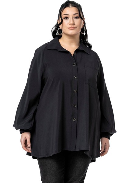 Büyük Beden Kol Ağzı Lastikli Geniş Kesim Reglan Kol Siyah Gömlek
