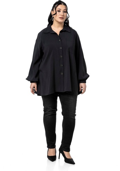 Büyük Beden Kol Ağzı Lastikli Geniş Kesim Reglan Kol Siyah Gömlek fiyatları