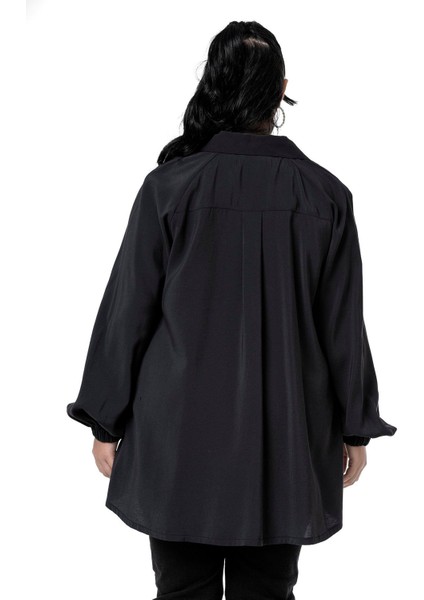 Büyük Beden Kol Ağzı Lastikli Geniş Kesim Reglan Kol Siyah Gömlek modelleri