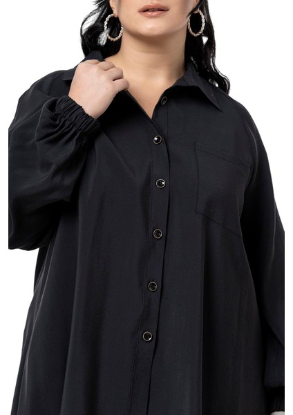 Büyük Beden Kol Ağzı Lastikli Geniş Kesim Reglan Kol Siyah Gömlek fırsatları