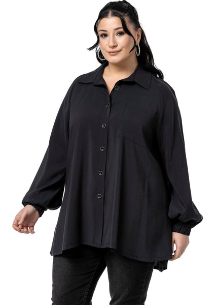 Büyük Beden Kol Ağzı Lastikli Geniş Kesim Reglan Kol Siyah Gömlek indirimleri