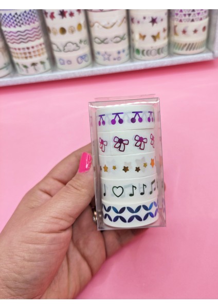 Renkli Yaldızlı Vintage Washi Tape Bant Yapışkanlı Maskeleme Kağıdı 5 Lı - Kiraz