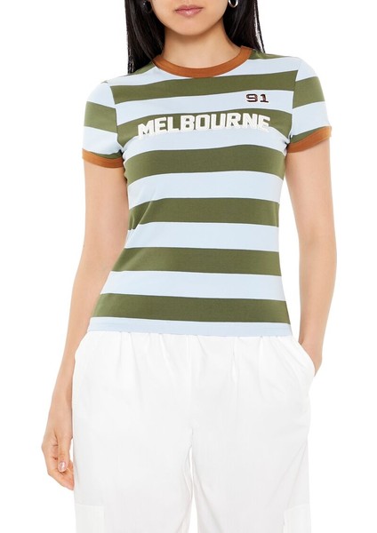 Melbourne Nakışlı Çizgili Baby Tee Tişört