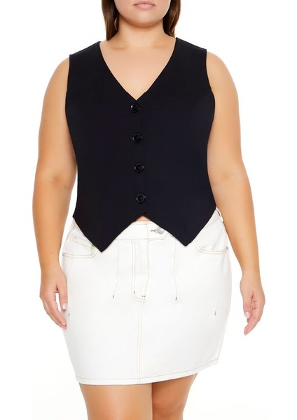 Plus Size Kolsuz Düğmeli Yelek