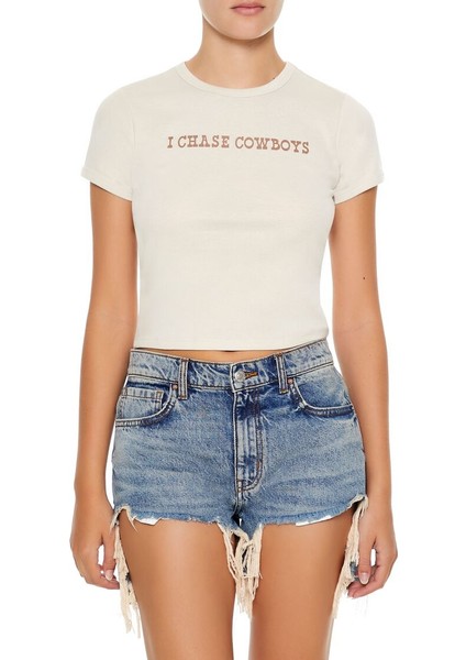 I Chase Cowboys Baskılı Baby Tee Tişört modelleri