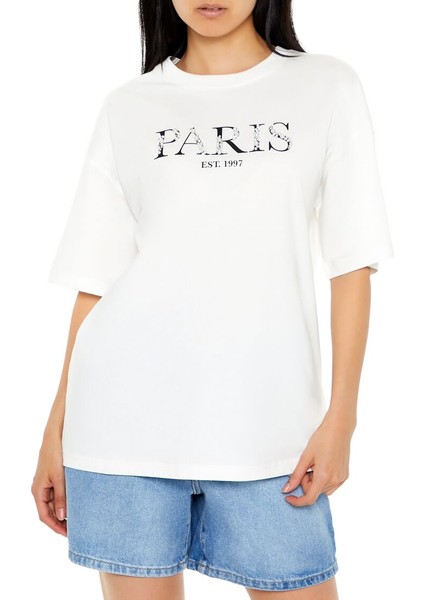 Oversize Incili Paris Tişört