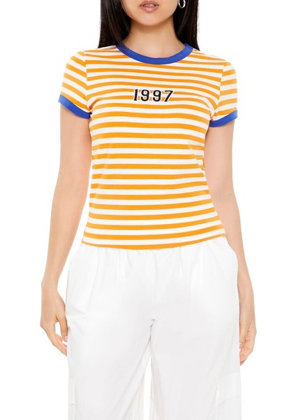 Çizgili 1997 Baskılı Baby Tee Tişört