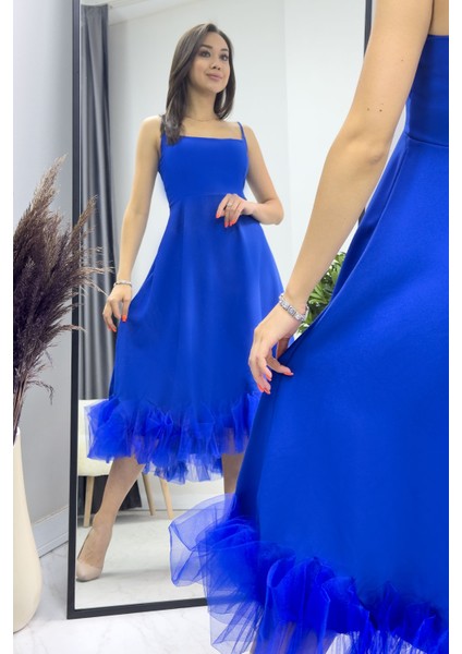 Kadın Askılı Kloş Etek Ucu Tül Detay Midi Abiye Elbise fiyatları