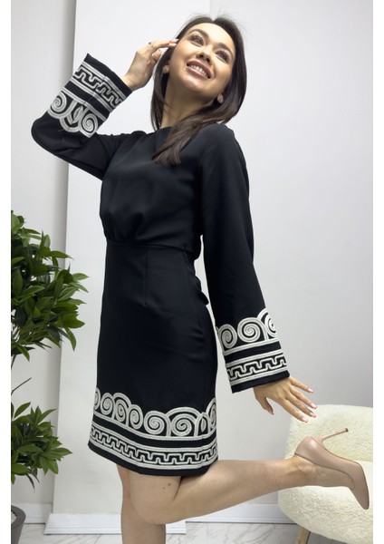 Kadın Uzun Kollu Nakış Işlemeli Elbise Bej, Siyah fiyatları