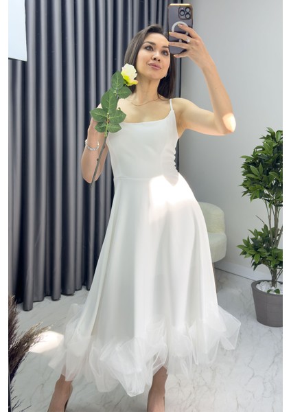 Kadın Askılı Kloş Etek Ucu Tül Detay Midi Abiye Elbise fiyatları