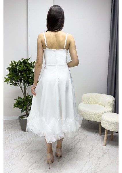 Kadın Askılı Kloş Etek Ucu Tül Detay Midi Abiye Elbise fırsatları