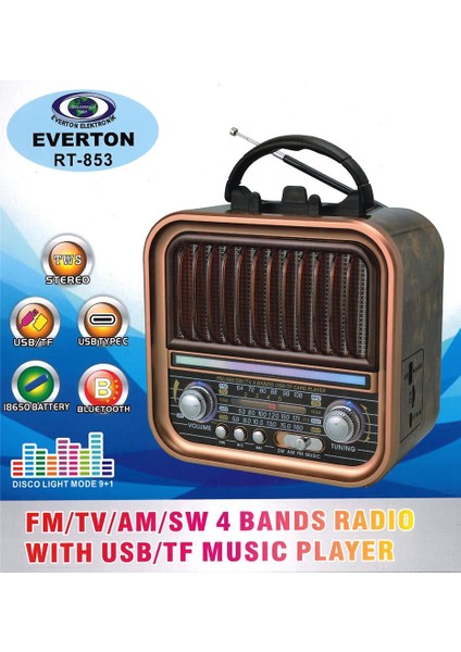 RT-853 Bluetooth Fm-Usb-Tf-Aux Şarjlı Nostaljik Radyo
