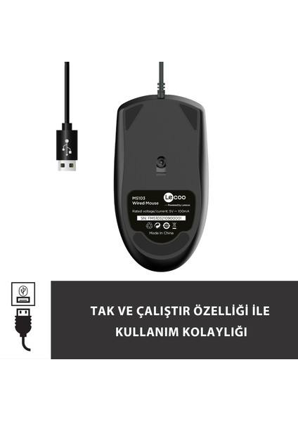 MS103 USB Kablolu 1000DPI 3 Tuşlu Optik Mouse Siyah