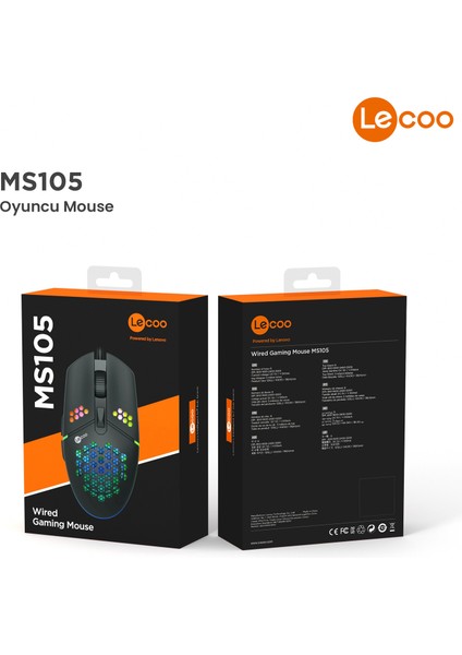 MS105 Kablolu 3200DPI 6 Tuşlu RGB LED Aydınlatmalı Gaming Optik Mouse Siyah