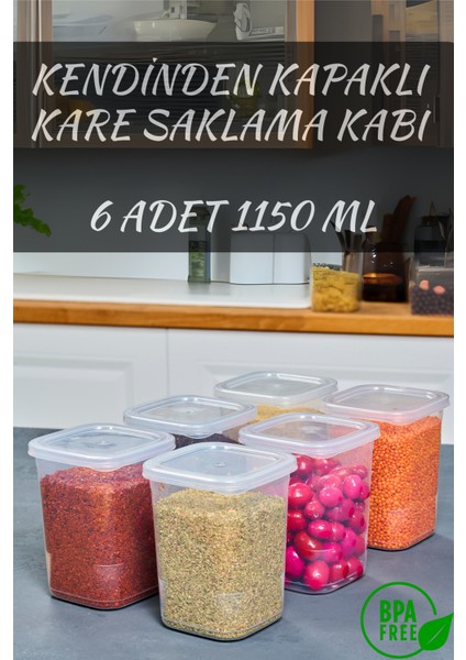 6'Lı Kendinden Kendinden Kapaklı Kare Saklama Kabı, Erzak, Baharat 1,15 Litre
