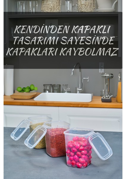 12'Li Kendinden Kendinden Kapaklı Kare Saklama Kabı, Erzak, Baharat 1,15 Litre
