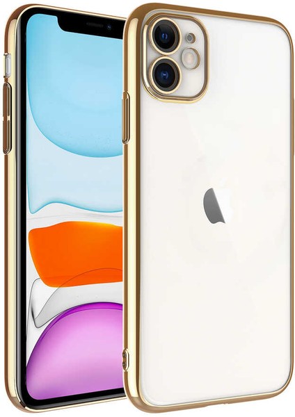 Apple iPhone 11 Kılıf Sert Pc Renkli Çerçeveli Riksos Kapak-Gold