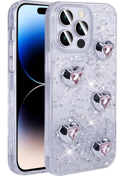 Apple iPhone 14 Pro Max Kılıf Airbagli Simli Arka Yüzey Işıltı Silikon Kapak-Beyaz-Kalp