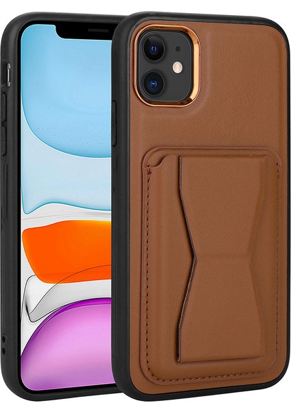 Apple iPhone 11 Uyumlu Kartlıklı Standlı ​pu Deri Memo Kapak-Kahverengi