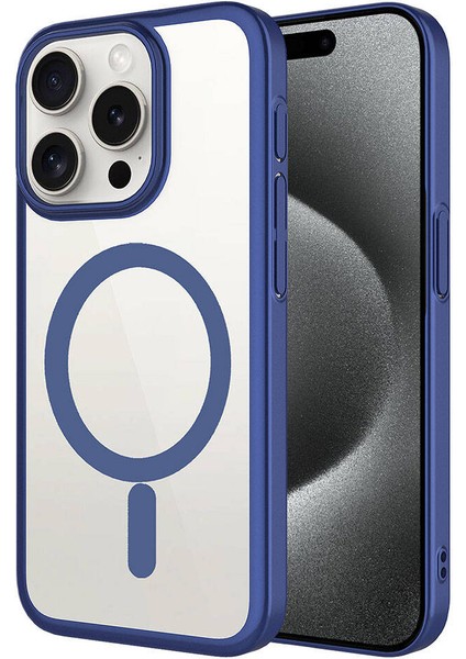 Apple iPhone 15 Pro Max Kılıf Wireless Şarj Özellikli Sert Pc Mat Riksos Magsafe Kapak-Lacivert