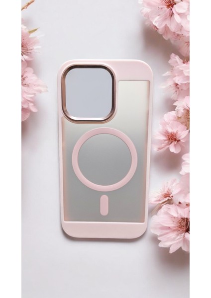 iPhone 14 Pro Uyumlu Pudra Pembe Buzlu Transparan Magsafe Kılıf