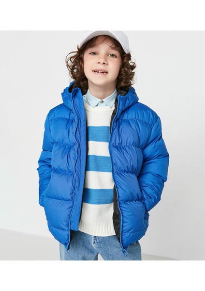 Erkek Çocuk Su ve Rüzgar Geçirmez Kapüşonlu Coat Şişme Mont_siyah