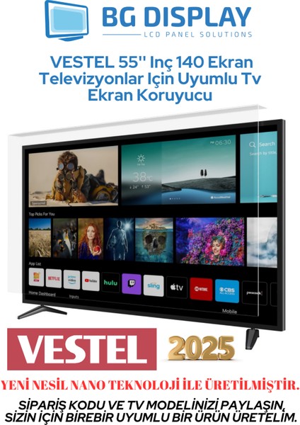 Vestel 55'' Inç 140 Ekran Televizyonlar Için Uyumlu Tv Ekran Koruyucu