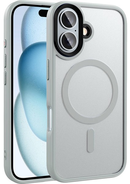 Apple iPhone 16 Plus Kılıf Mat Arka Yüzey Wireless Şarj Özellikli Flet Magsafe Kapak-Gümüş