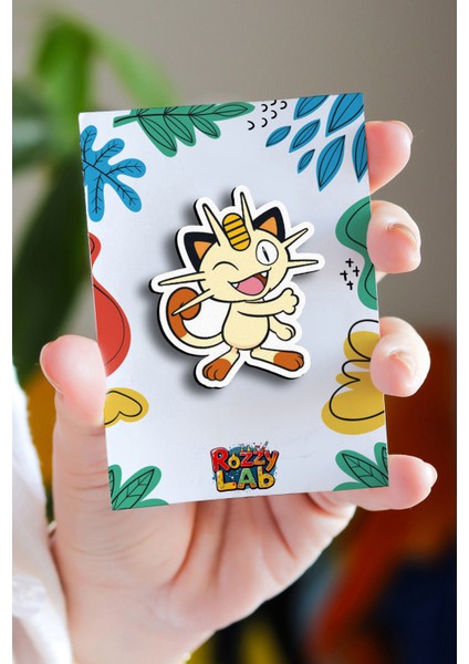 Pokemon Meowth Miyav - Rozet - Ahşap - Pin - Broş - Yaka Çanta Aksesuar