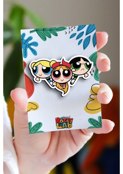 Powerpuff Girls - Blossom Bubbles And Buttercup - Rozet - Ahşap - Pin - Broş - Yaka Çanta Aksesuar