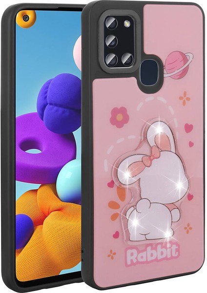 Galaxy A21S Kılıf Parlayan Kabartmalı Ikonik Figürlü Amas Silikon Kapak-Pembe