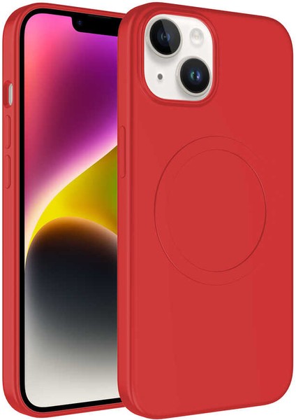 Apple iPhone 14 Plus Kılıf Magsafe Wireless Şarj Özellikli Pastel Renk Silikon Plas Kapak-Kırmızı