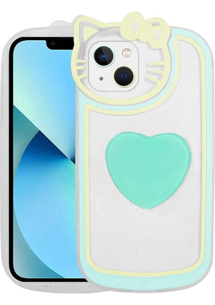Apple iPhone 13 Kılıf Kedi Figürlü Transparan Pop Soketli Ritmik Kapak-Turkuaz