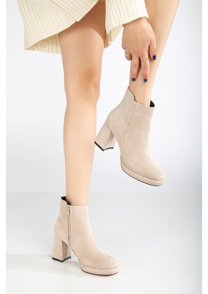 Kadın Platform Topuklu Bot Ten Süet Yüzüdüz Fermuarlı